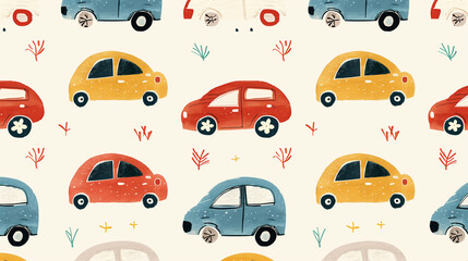 Colorful cartoon cars in a seamless pattern.