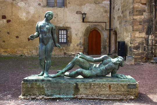Halle, Germany - April 6, 2024: Monument to victims of fascism by Waldemar Grzimek in Moritzburg, a fortified castle in Halle on Saale, Saxony-Anhalt