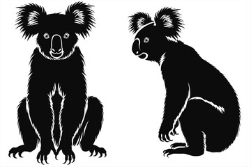 Black silhouettes of koala in different poses on a white background. Koala Bear. collection of koala bear silhouette. koala bear silhouette. 