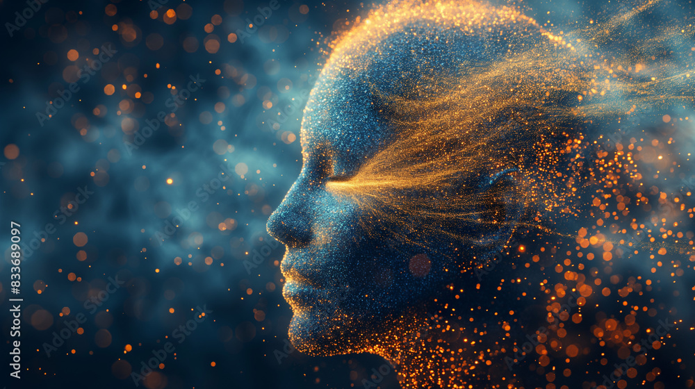 Poster 3d dissolving human head made with cube shaped particles.