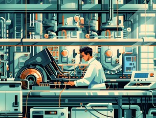 Illustration of Investing in training and education programs to upskill workers for new technologies and processes in industrial plants. Ai Generate.