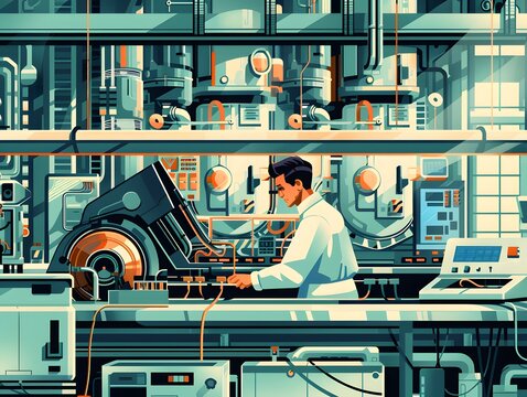 Illustration of Investing in training and education programs to upskill workers for new technologies and processes in industrial plants. Ai Generate.