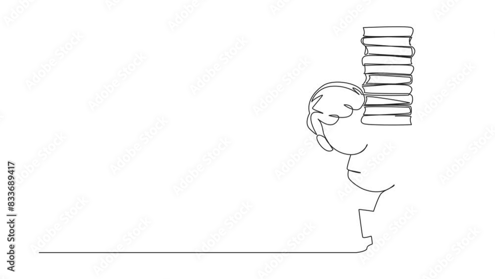 Poster animation of single continuous line drawing boy carrying a tall stack of books covering himself. new