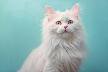 Fototapeta premium Portrait of a happy australian mist cat while standing against pastel teal background