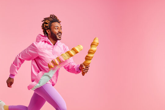 The runner in a purple tracksuit is holding bread in their hand. The background is light pink