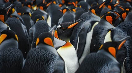 Portrait of a Gentoo penguin among a group of multiple penguins