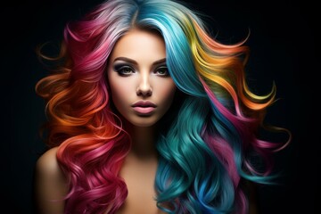 Fototapeta premium Stunning young woman showcases her glossy, multicolored rainbow hair against a dark backdrop