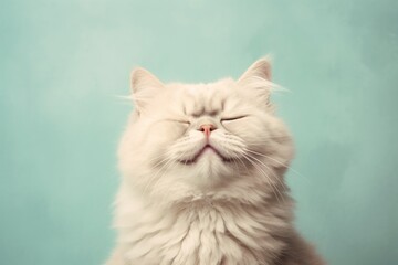 Fototapeta premium Portrait of a happy australian mist cat on pastel teal background