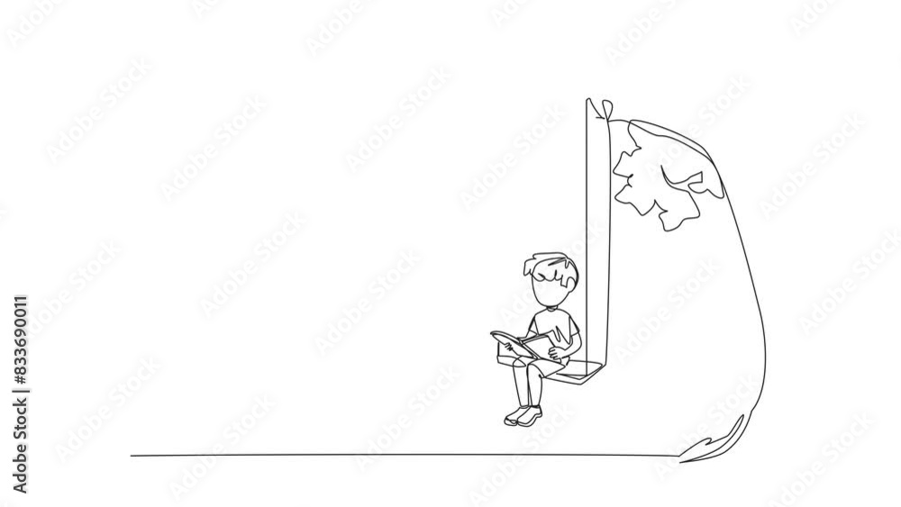 Poster animated self drawing of single line drawing boy sitting on a swing under a shady tree reading a boo