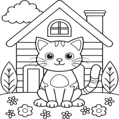 In the foreground a single baby cat in home. Cat in home coloring pages for children