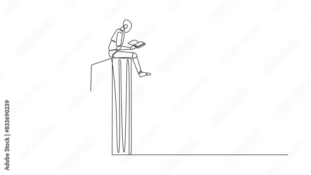 Poster animated self drawing of continuous line drawing smart robotic sitting on a big open book reading a 