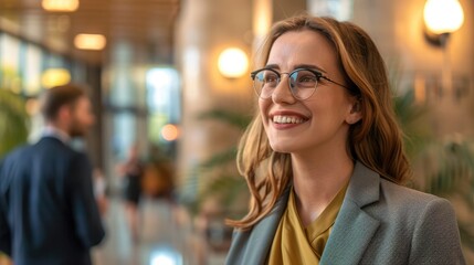 A smiling business woman, She is wearing glasses and a suit, Scene is professional and focused