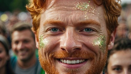 Smiling man with red hair and beard, green glitter makeup, surrounded by a festival crowd, showcasing joyful and vibrant emotions at an outdoor event.