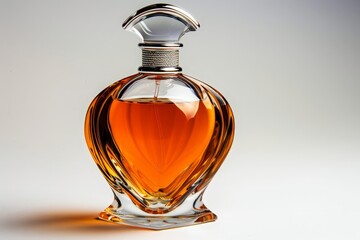 elegant glass perfume bottle with an orange liquid, on a white background, for product photography with studio lighting