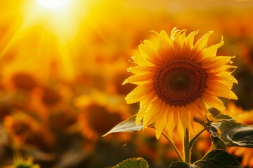 Sunflower in the sun, with vibrant yellow petals against a warm golden sunset background, symbolizing hope and positivity