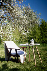 table and chair in the garden of a private house, tea party in the garden.