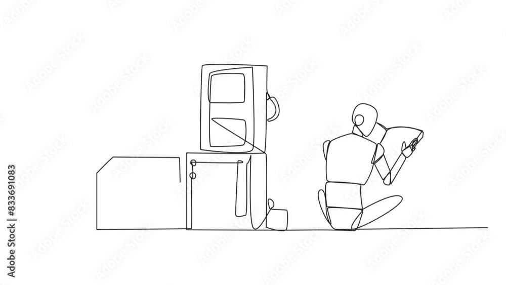 Poster self drawing animation of continuous line drawing robots are assembling super powerful computers. ha