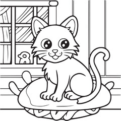 In the foreground a single baby cat in home. Cat in home coloring pages for children