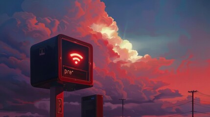 Naklejka premium Coral sky illustrating a 3D mailbox from which letters flow up to a WiFi icon, in a minimalist flat design for themes of wireless communication