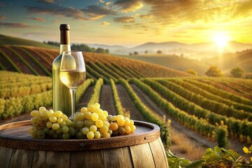 A bottle of white wine and a bunch of ripe grapes on a wooden oak barrel against the background of...