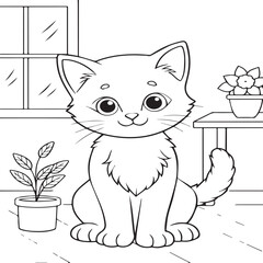 In the foreground a single baby cat in home. Cat in home coloring pages for children