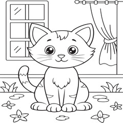 In the foreground a single baby cat in home. Cat in home coloring pages for children