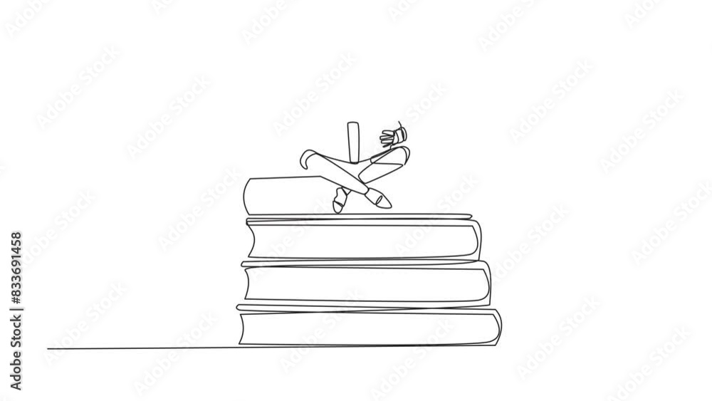 Poster animation of one line drawing robot sitting relax reading book on pile of books. relax while reading