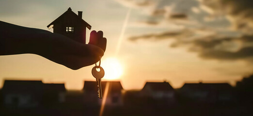 A hand holding a house-shaped keychain against a sunset background, symbolizing home ownership and real estate concepts