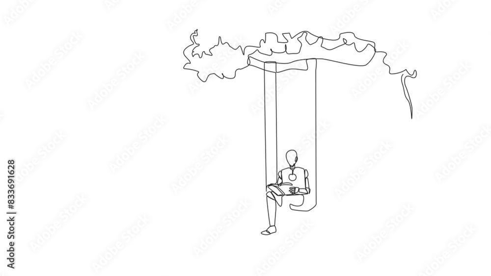 Poster self drawing animation of continuous line drawing robot sitting on a swing attached to a tree readin