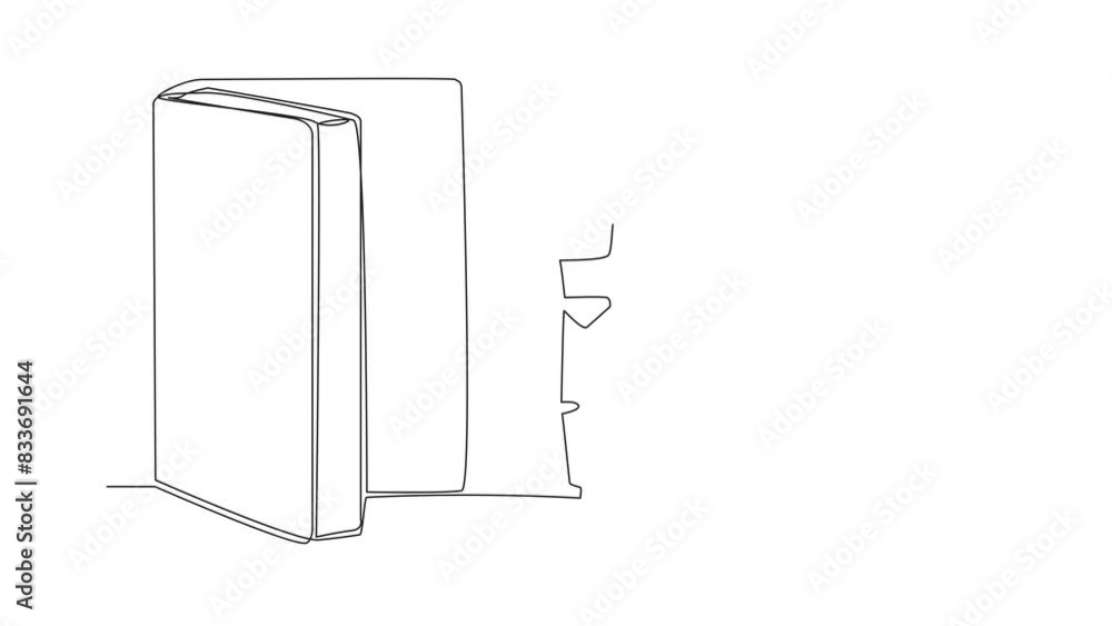 Poster animated self drawing of single line drawing robot open the book-shaped door. book can open mind and
