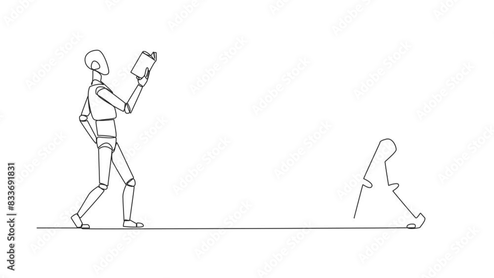Poster self drawing animation of one line drawing two robotics walking face to face reading books. gesture 