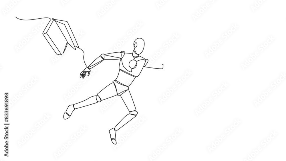 Poster animation of continuous line drawing astronaut floating in space trying to pick up books. no gravity