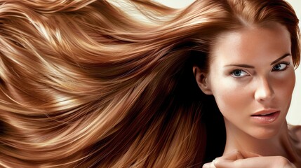 Obraz premium a beautiful woman with long, flowing blonde hair and flawless makeup in the foreground, showcasing the transformative effects of professional color rendering for blondes and brunettes' hair