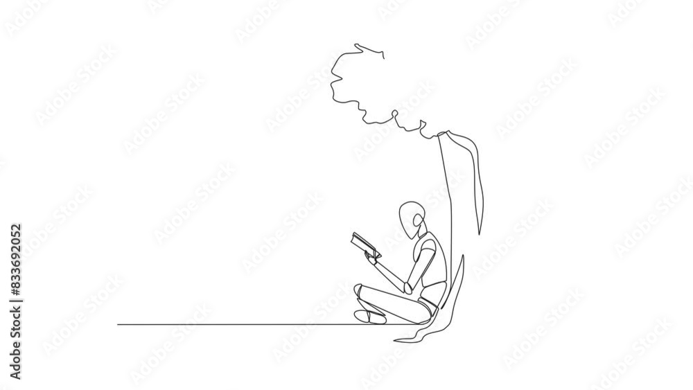 Poster animation of continuous line drawing robot sitting reading book under shady tree. continuing second 