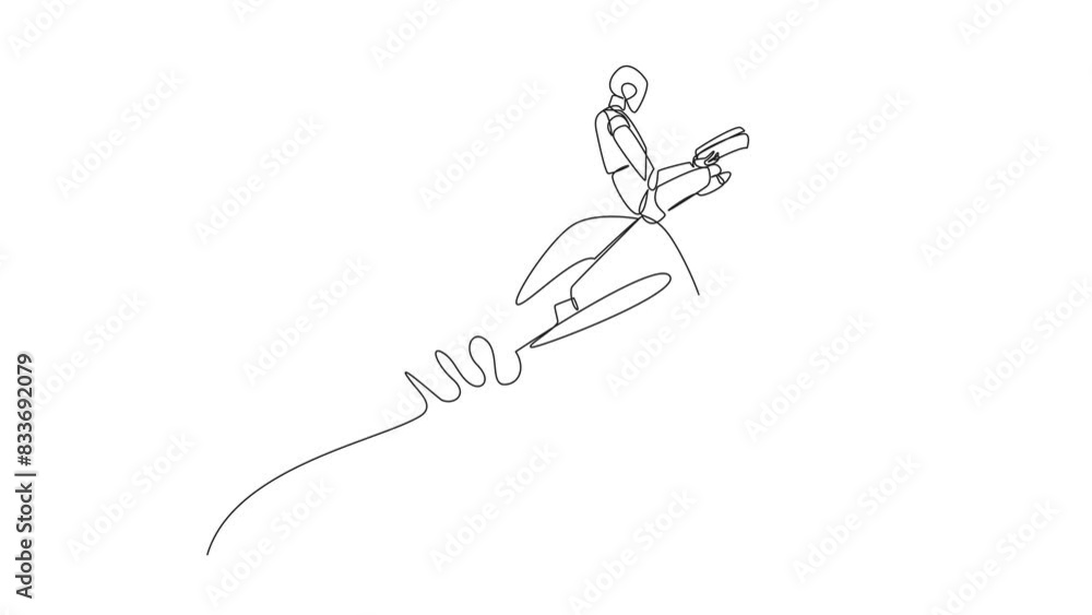 Aufkleber animated self drawing of continuous line drawing smart robotic flying on a rocket reading book. alwa