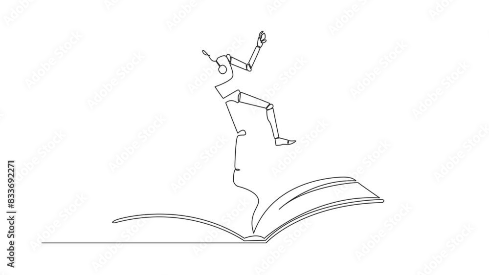 Poster animated self drawing of continuous line drawing robot hovering over an open book. imagination to be