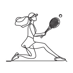 Tennis player simple vector background with woman, racket and ball. One line drawing art illustration of tennis player