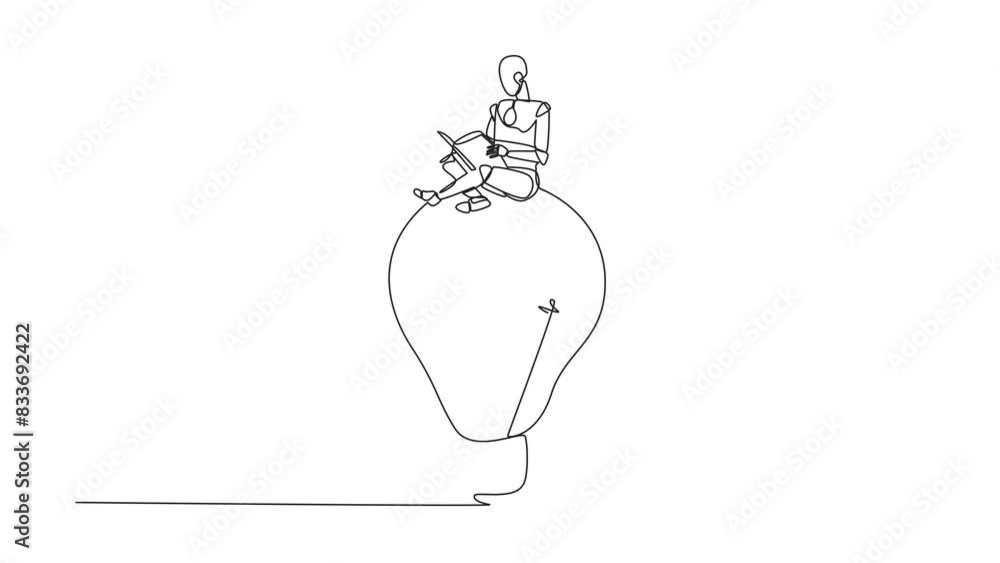Poster animation of continuous line drawing robot sitting on big lightbulb. read with focus and serious. me
