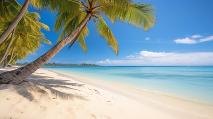 Tropical Paradise Beach with Palm Trees and Clear Blue Sky