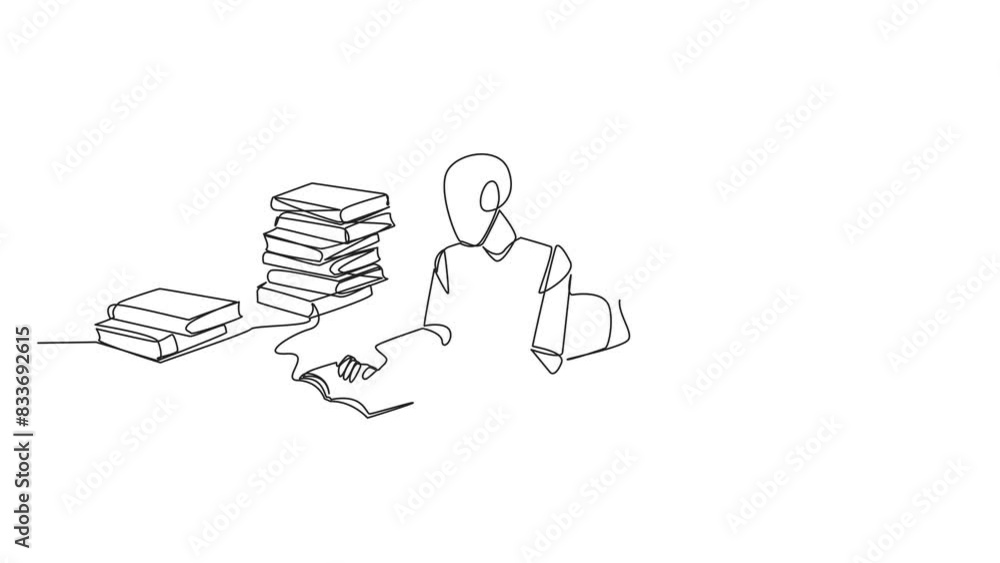 Poster self drawing animation of continuous line drawing smart robot really likes reading. everyday one boo