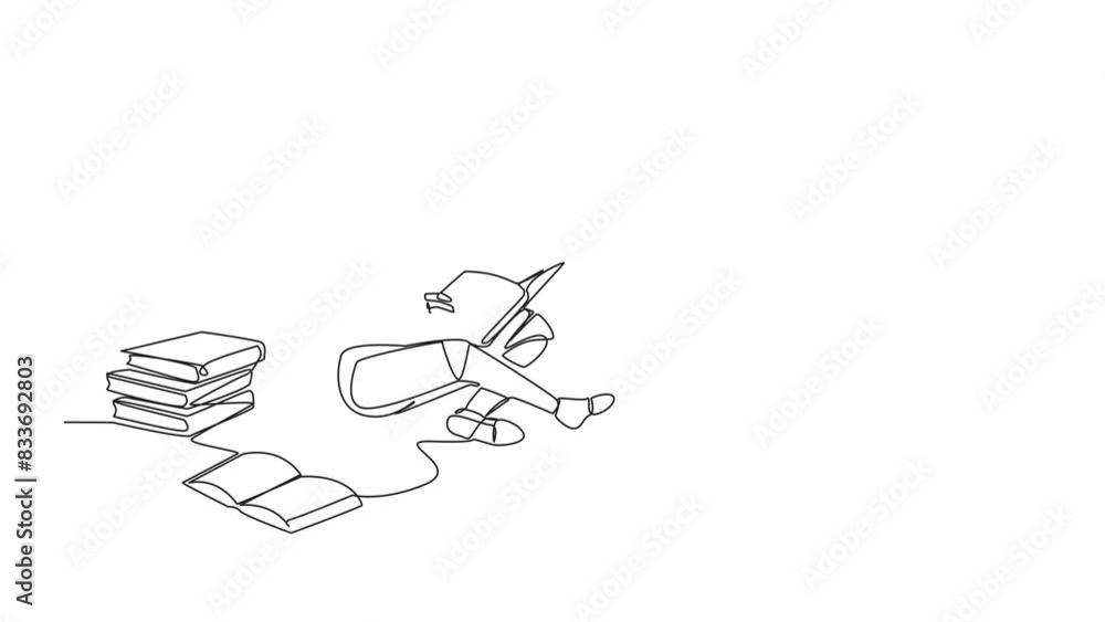 Poster self drawing animation of continuous line drawing smart robot really likes reading. everyday one boo