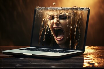 Creative concept of a laptop with a screen showing a woman yelling, overlaid by streaming water