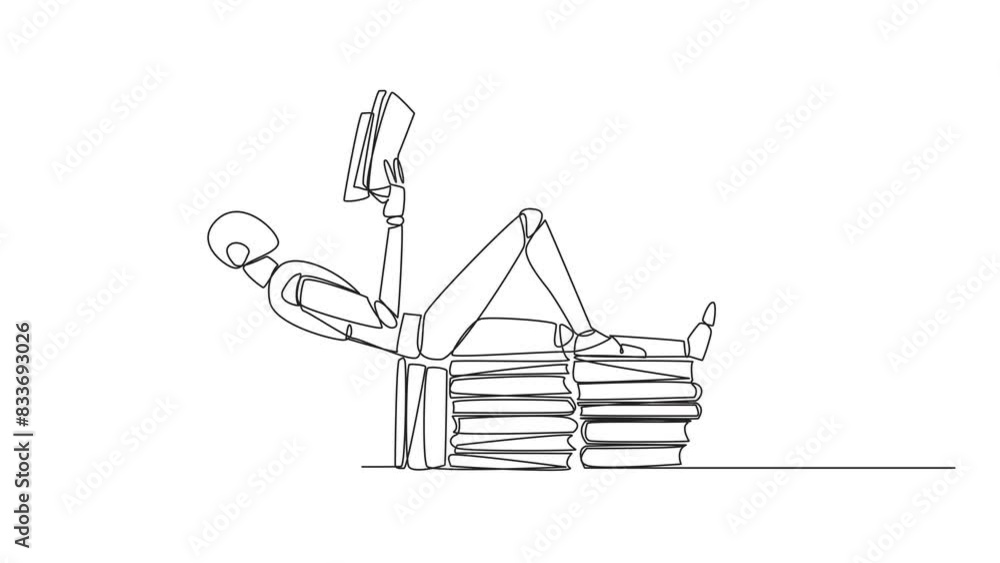 Poster self drawing animation of single line drawing robot lying down on a stack of books lined up. relax w
