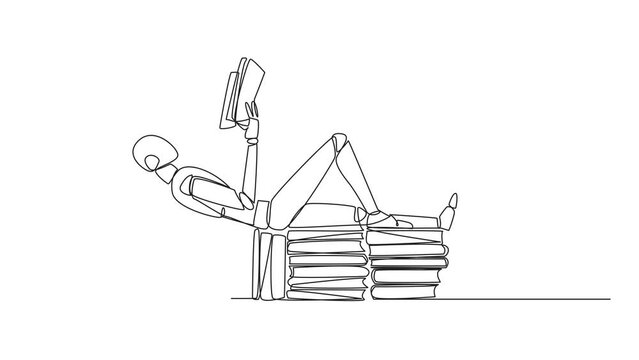 Self drawing animation of single line drawing robot lying down on a stack of books lined up. Relax while reading the fiction book. Enjoy the storyline. Book festival concept. Full length animated
