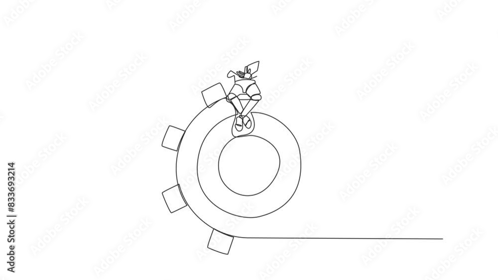 Poster animation of continuous line drawing robot artificial intelligence sitting on big gear. read several