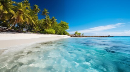 Fototapeta premium Scenic Tropical Beach with Clear Blue Water and Palm Trees on a Sunny Day