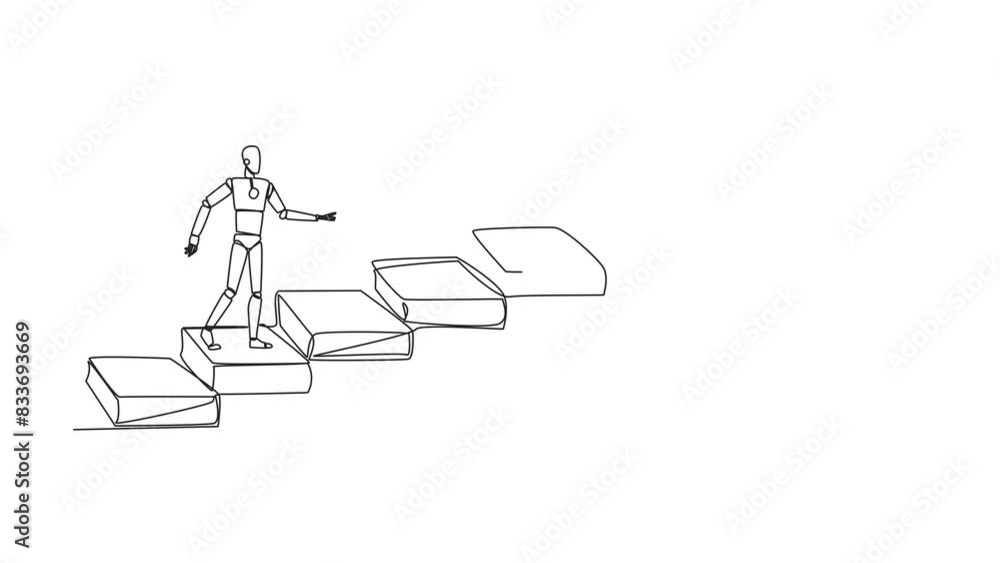 Poster animation of continuous line drawing smart robot climb stairs from book. reading increases knowledge