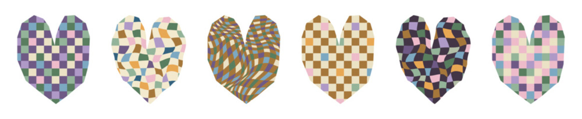 Abstract Groovy Vector Hearts. Psychedelic Distorted Vector Design Elements in Retro Style, Brown, Green and Beige Boho Colors.