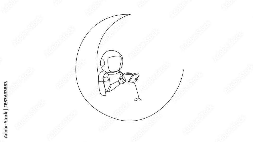 Poster animation of single line drawing astronaut sitting on crescent moon reading book. reading story befo