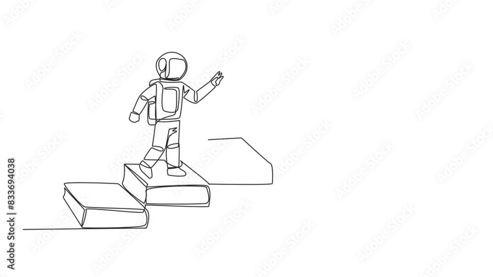 Poster self drawing animation of continuous line drawing astronaut climb stairs from books. reading increas